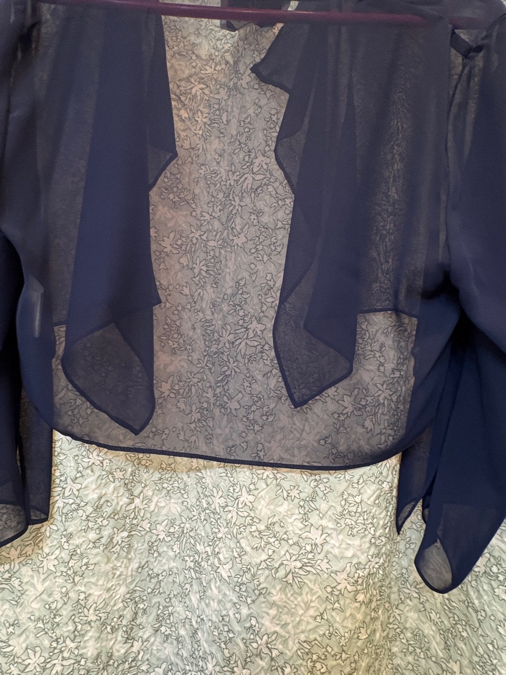 Alex Evenings Navy Sheer Ruffle Open-Front Top